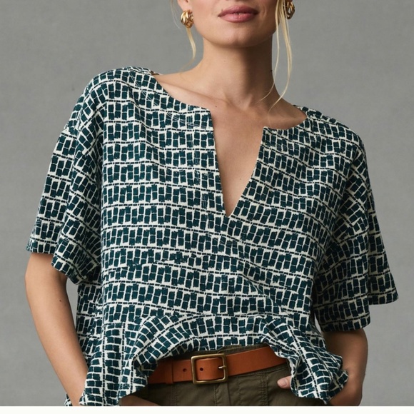 Anthropologie Deep-V Babydoll Top Dark Green Size Large - Picture 1 of 9